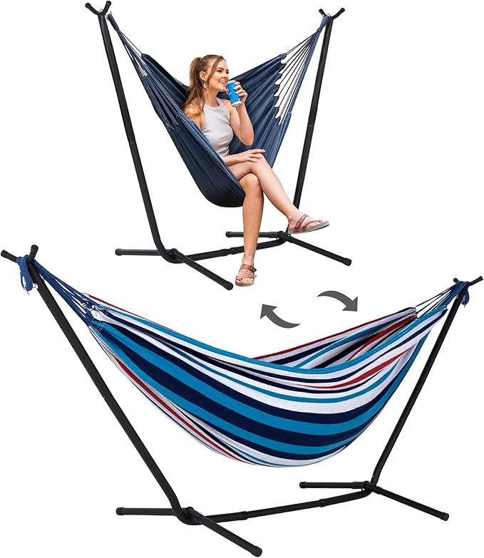 SUNCREAT 2-in-1 Convertible Portable Double Hammock with Stand Included Outdoor Hammock and Stand Patented Sea Blue