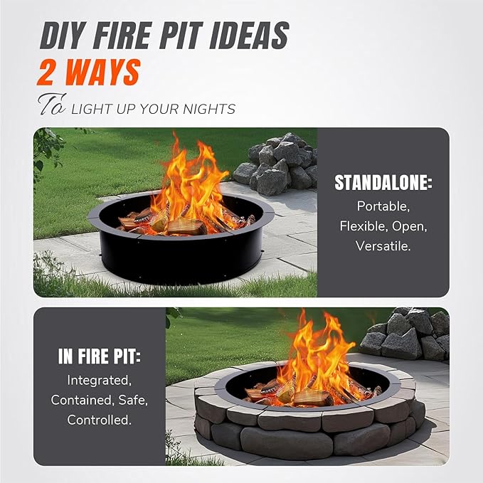 INNO STAGE 31 Inch Fire Pit Ring (35 Inch Outer) Heavy Duty Steel Fire Ring Outside Large Round Fire Pit Insert DIY Camping Fire Ring Above or In-Ground Black Carbon for Patio Backyard Bonfire