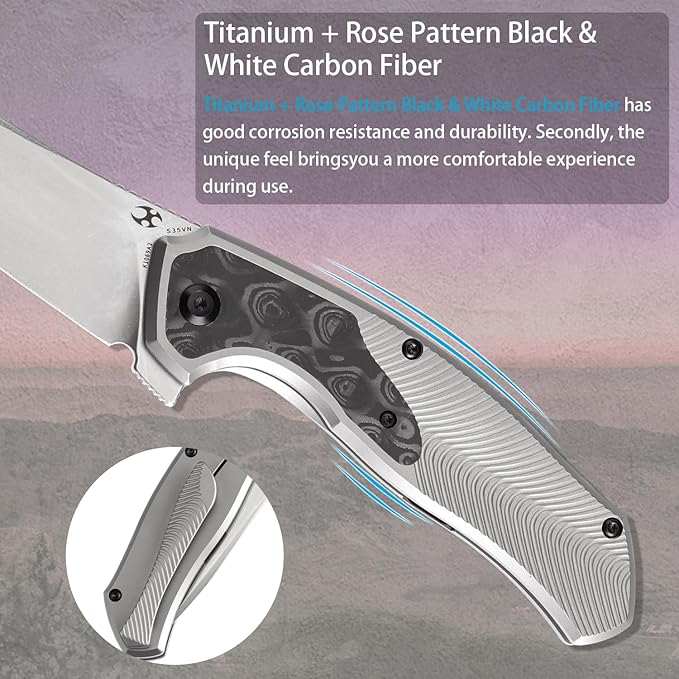 KANSEPT HAVØRN Pocket Folding Knives Camping Hiking Folding Knife 3.48'' Stonewashed CPM S35VN Blade Pocke Knife with Titanium Rose Pattern Carbon Fiber Handle Everyday Carry K1069A2