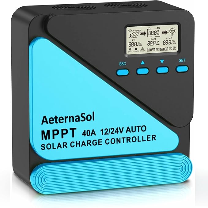 Solar Charge Controller 40A Charge Controllers 12/24V MPPT Solar Charge Controller with Adjustable LCD Timer Dual USB Max Input 100V for LiFePO4/AGM/GEL/FLD Batteries (Blue)