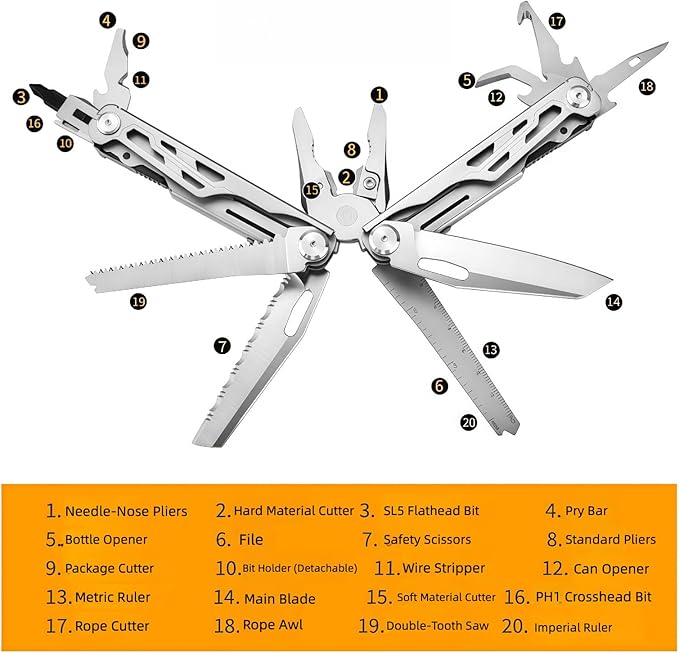 Multitool 20-in-1 Full-Size Lightweight EDC Tactical Gear Camping Knives &amp Tools Gift Ideas for Men Equipment for Emergencies Hiking and Outdoor Camping Multi-Purpose Pliers (Black)