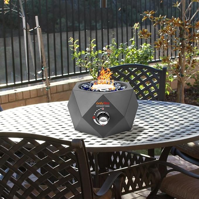 ONLYFIRE OUTDOOR LIVING 14” Modern Tabletop Gas Fire Pit Portable Firepit Works with 1lb Propane Gas for Patio Backyard Porch Camping RV Tailgating Side-Mounted FP004