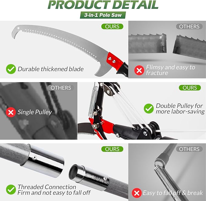 Walensee Pole Saw for Tree Trimming 7.2-27 FT Manual Tree Pruner with 8 Sectional Fiberglass Poles Saw Blade &amp Pruning Scissor Head Adjustable Branch Cutter for Yard Garden with Storage Bag