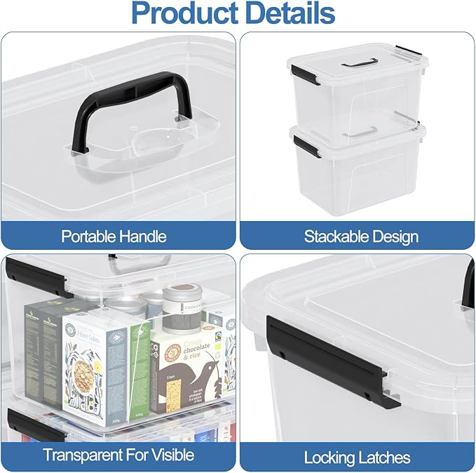 Clear Plastic Storage Containers Bins Boxes with Lids and Handles 10.5 L Clear Storage Latch Box 4 Packs