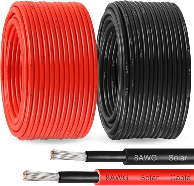 Solar Panel Wire 8 AWG - Solar Extension Cable 100Ft Black &amp 100Ft Red 8 Gauge Tinned Copper PV Wire for Outdoor Automotive RV Solar Panel Boat Marine (Black+Red)
