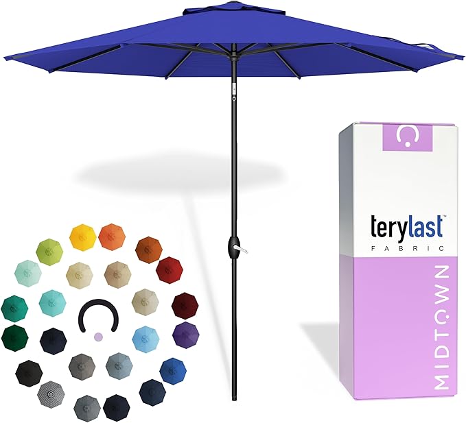 Midtown Umbrellas - 10-Year-No-Fade 8 Ft Patio Umbrella with Terylast Fabric Auto-Tilt Aluminum Frame and 8 Reinforced Ribs for Deck Pool Garden &amp Beach - Royal Blue Canopy Black Pole