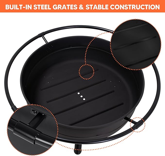 SUNCREAT 42 Outdoor Portable Fire Pit with Spark Screen Fire Poker Wood Burning Patio Fire Pits with Protective Ring Black