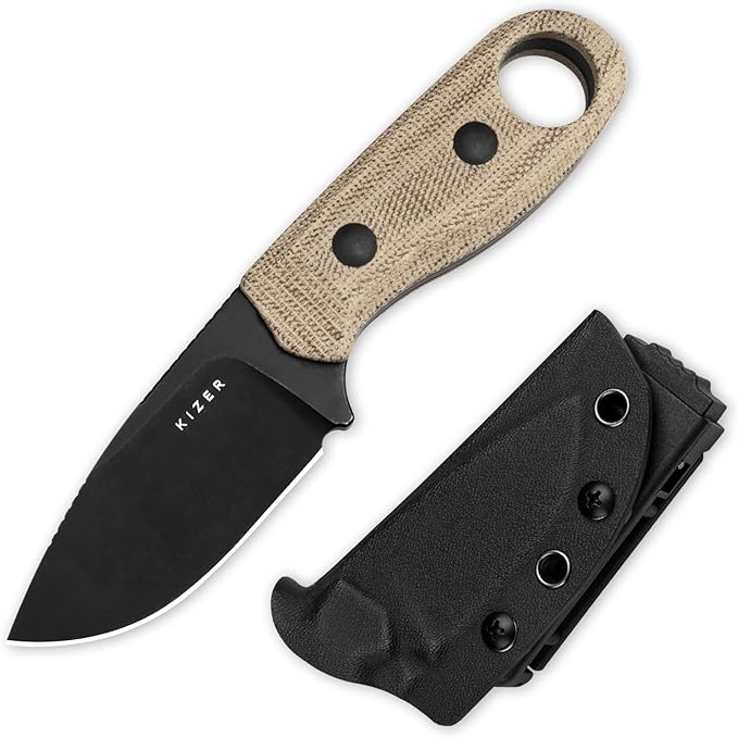 Kizer Beaver Fixed Blade Knife with Sheath 2.75 D2 Steel Blade EDC Fixed Blade Camping Knife with Brown Micarta and Black G10 Handle Small Bushcraft Survival Hunting Knives for Men Women 1078M2