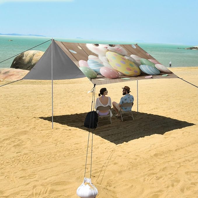 Beach Canopy with Windproof Ropes &amp Sandbags Beach Tent Sun Shade Sun Shelter for Camping Trips Fishing Backyard Fun or Picnics Happy Easter