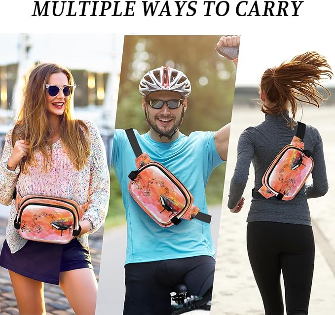 Piano Notes Flowers Watercolor Waterproof Fanny Pack for Women Men Adjustable Waist Bag with Double Zipper Pockets Lightweight Square Hip Pack for Running Travel Hiking Workout Cycling