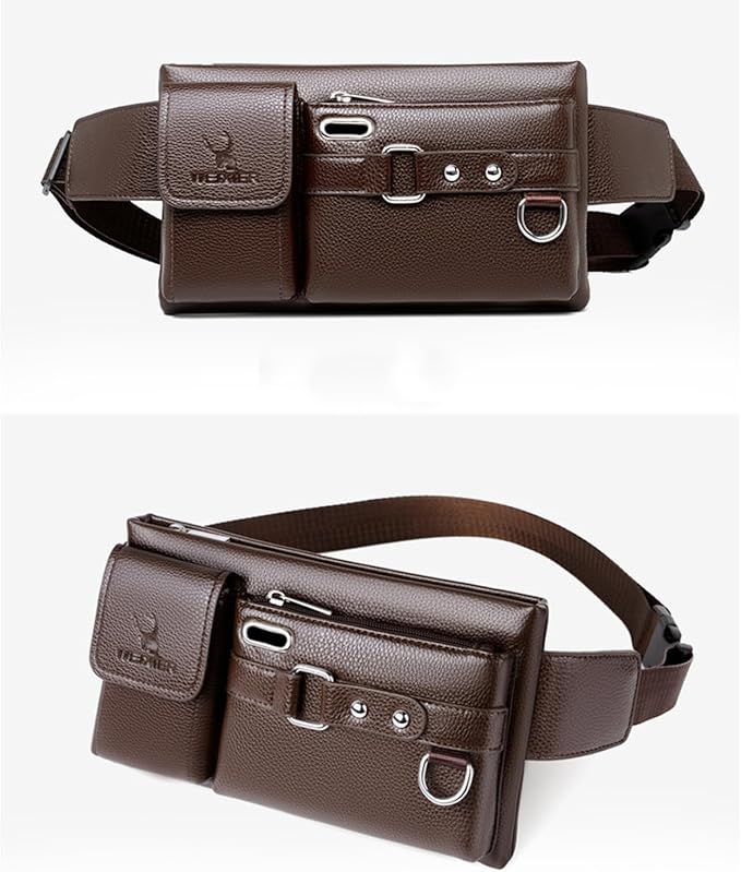 Mens Crossbody Bag Brown Leather Lightweight Anti-Theft Slim Chest Sling Pack with Adjustable Strap for Travel Gym Running Hiking Everyday Carry Essentials