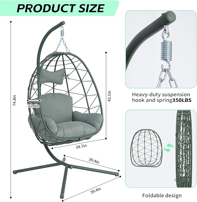 Hanging Egg Chair with Stand Outdoor Indoor Patio Rattan Swing Hammock Chairs with Washable Cushion PE Wicker Swing Chair for Backyard Bedroom Garden (Dark Green + Dark Green Cushion No Footrest)