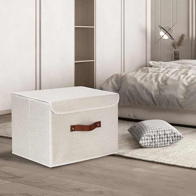 TYEERS Collapsible Storage Boxes Washable Fabric Storage Bins with Lids 14.9x9.8x9.8 inches 2 Pack Beige