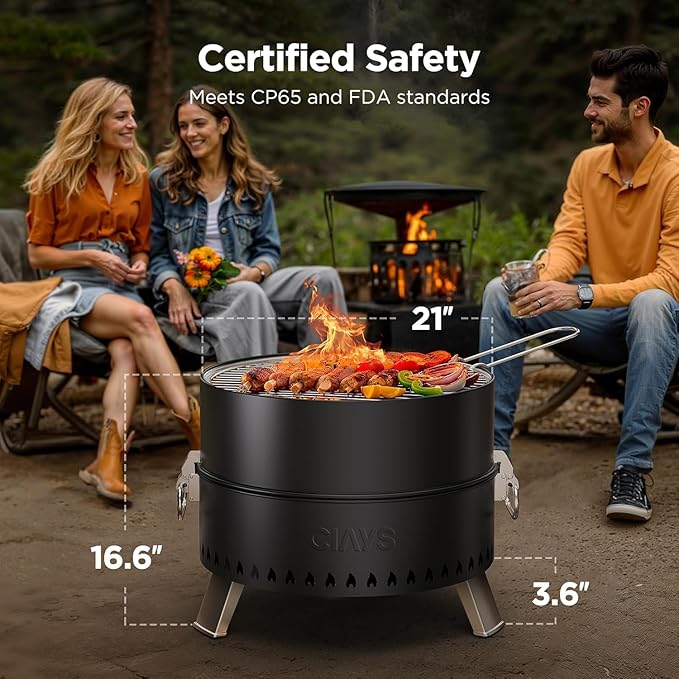 Ciays Smokeless Firepit for Outside 21 Inch Outdoor Fire Pit for Camping with Patented Technology Portable Fire Pit with Steel Grill Rack Fire Poker and Bag Easy Setup and Storage Wood Burning