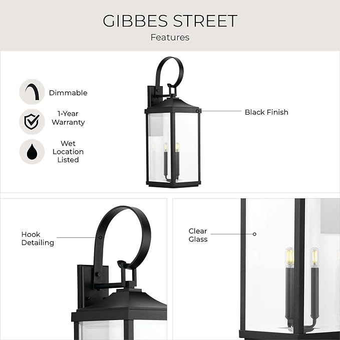 Gibbes Street Collection 3-Light Clear Beveled Glass New Traditional Outdoor Large Wall Lantern Light Textured Black