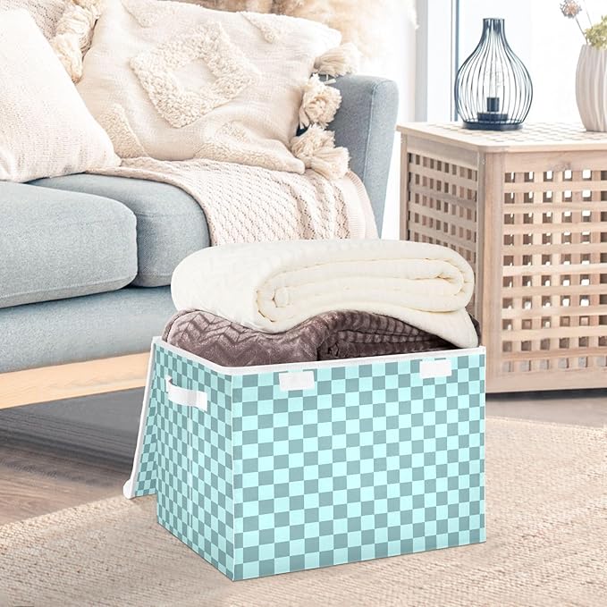 Grey Blue Checkerboard Storage Baskets Lidded Bin Foldable Storage Boxes Cubes Lids with 2 Handles for Organizing Closet Home Office