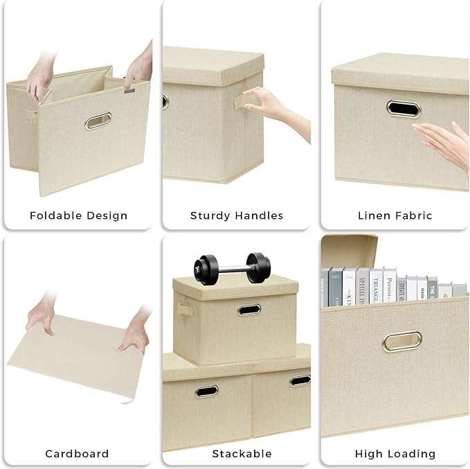 SNWDN 2 Pack Large collapsible Fabric Storage Bins with Lids Fabric storage box with lids for Household and office use (Beige 17.3x11.4x11.8 inches)