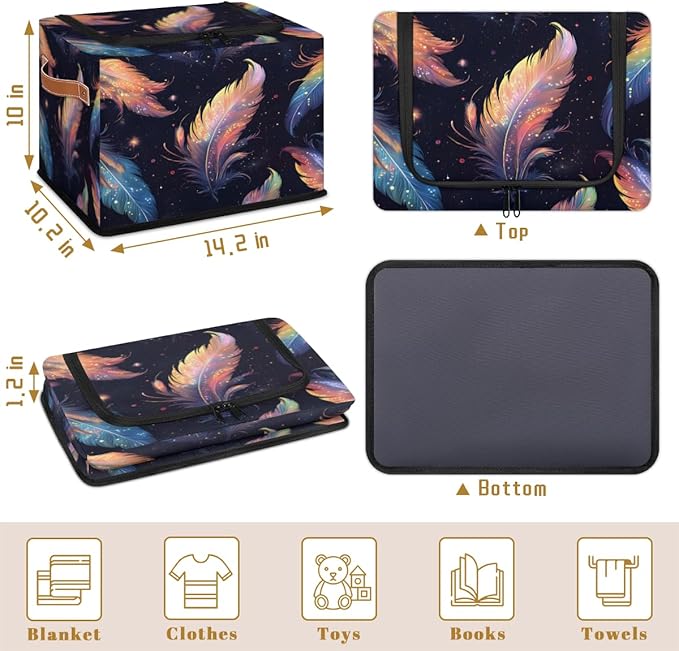 Boho Feather Storage Box with Lid Colorful Feathers Collapsible Storage Bins Baskets Cubes Closet Shelf Clothes Organizer Containers with PU Leather Handles