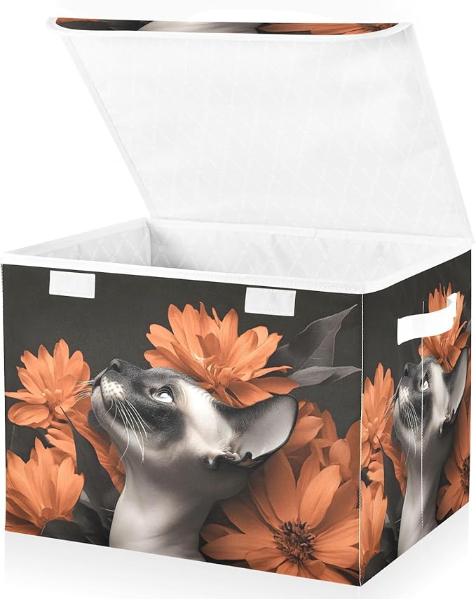 AIXIWAWA Lidded Storage Cube (Floral Cats) Fabric Foldable Closet Bins with Flip Lid and Handles Organizer Basket Container 16.5 x 12.6 x 11.8 IN