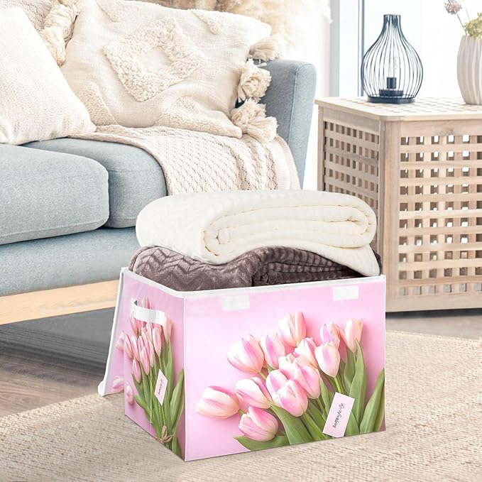 Collapsible Storage Bins with Lids Decorative Fabric Storage Cubes Closet Organizer and Storage Basket Boxes Containers for Clothes Box Chest Nursery Folding Rectangle Tulip Pink Mother's Day