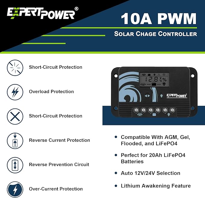 ExpertPower 100W 12V Solar Power Kit with Battery : 100W 12V Solar Panel + 10A Charge Controller + 21Ah Gel Battery