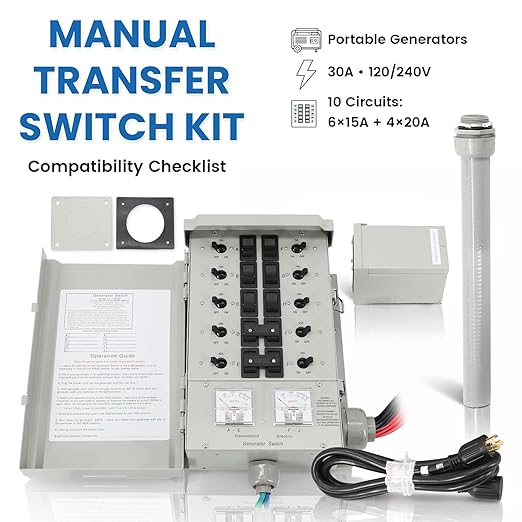 EGS107501G2KIT 30A 10-Circuit Generator Transfer Switch Kit 120/240V Backup Power7500W Includes Inlet Box &amp 10ft L14-30 Cord Built-in Watt Meters Backfeed Protection