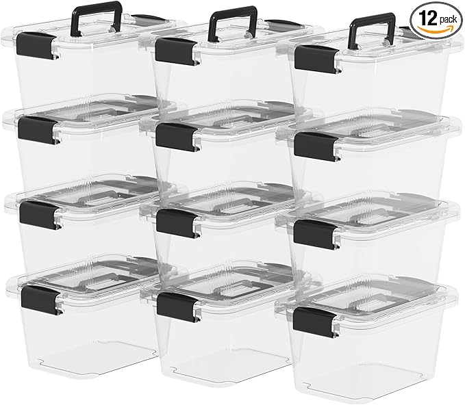 Cetomo Lidded Storage Bin Tote Organizing Container with Handle and Buckles Stackable Plastic Clear 6.8Qt Pack of 12