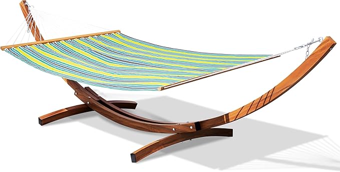 Lazy Daze Hammocks 12 FT 2 Person Double Quick Dry Textilene Hammock with Curved Steel Heavy Duty Stand for Outside Backyard Patio 450 Lbs Capacity Green Stripes