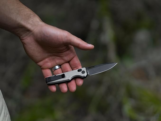 Ridge Everyday Folder Knife - Premium EDC Pocket Knife Sandvik 14C28N Steel Drop Point Blade with Black DLC Finish Ceramic Bearings Deep Carry Clip &amp Multipurpose Design (Stonewashed Titanium)