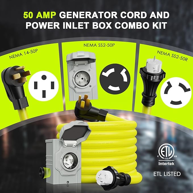 50 Amp Generator Cord 10FT and Power Inlet Box NEMA 14-50P Male to SS2-50R 125/250V Twist Lock Connector with Pre-Drilled NEMA SS2-50P Generator Inlet Box for Generator to House ETL Listed