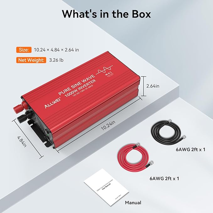ALLWEI Pure Sine Wave Inverter - 1000 Watt Inverters 12V DC to 110V/120V AC Converter for Home RV Truck Off-Grid Solar Car Power Inverter with 2 Sockets Power Inverters for Vehicles 2000W Peak