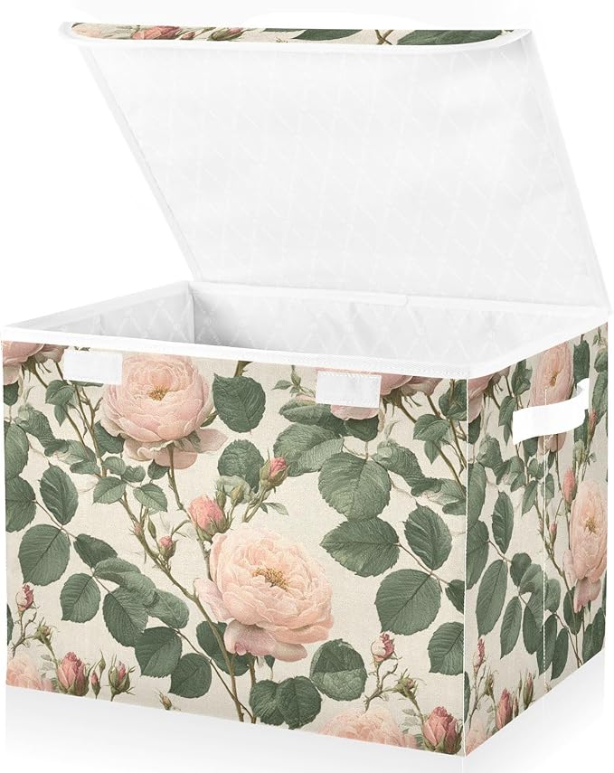 Blush Pink Rose Retro Collapsible Storage Bins with Lids Decorative Fabric Cubes Closet Organizer Basket Boxes Containers for Clothes Box Chest Folding Rectangle
