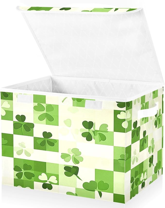 Clover Checkered Background Fabric Storage Bins with Lids and HandleFoldable Storage Bins with LidsCloset Organizers for Clothes Storage Room Organization Office Storage Chest Organizer