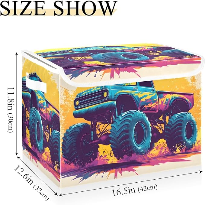 AIXIWAWA Lidded Storage Cube (Cartoon Monster Truck) Fabric Foldable Closet Bins with Flip Lid and Handles Organizer Basket Container 16.5 x 12.6 x 11.8 IN