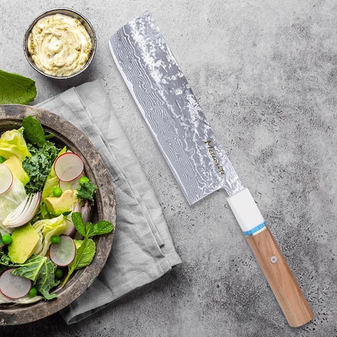 Meteorite Nakiri Japanese Vegetable Knife For Precision Veggie Prep Hand-Hammered Starry Damascus Convex Grind Edge Olive Wood Handle – Gourmet Gift IceRaven 7 Inch
