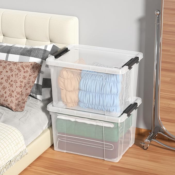 Set of 4 50 L Stackable Plastic Storage Container with Latching Lids and Wheels Clear Home Garage Organization Bins Box See-Through