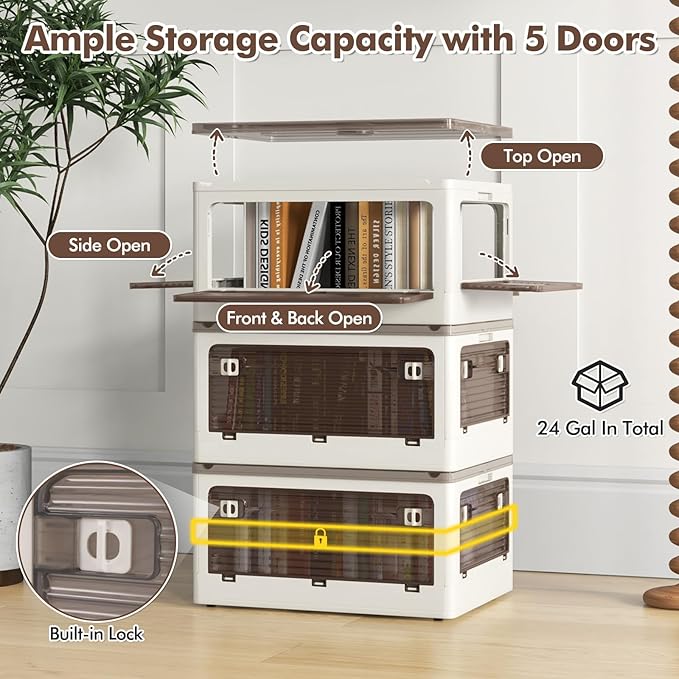 Giantex Storage Bins with Lids and Hidden Wheels 24 Gal Total Capacity 3 Pack Stackable Collapsible Storage Boxes with 5 Opening Doors Foldable Plastic Closet Organizers for School Dorm Office