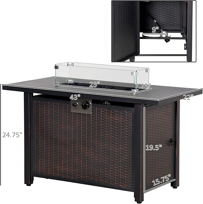 Outsunny 43 Inch Outdoor Propane Gas Fire Pit Table 50000 BTU Auto-Ignition Rectangular Wicker-Effect Gas Firepit with Glass Wind Guard Lid Glass Beads Steel Base CSA Certification Bronze
