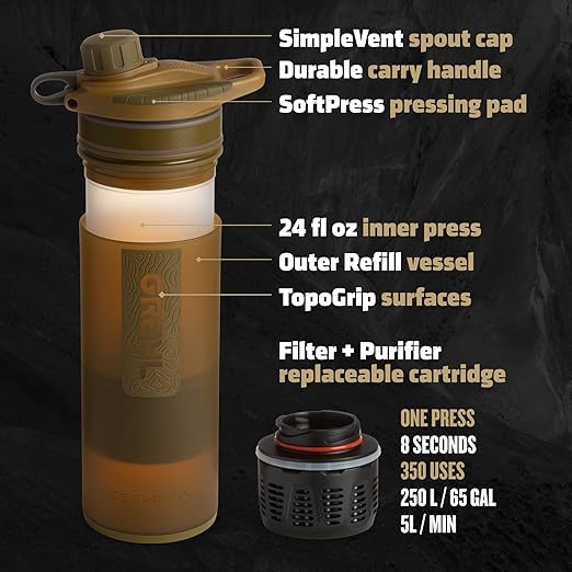 GRAYL GeoPress 24 oz Water Purifier Bottle - Filter for Hiking Camping Survival Travel (Coyote Brown)