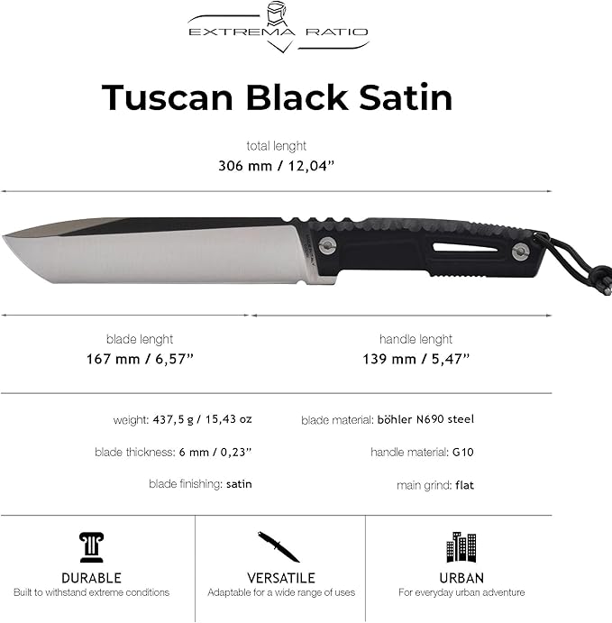 Extrema Ratio - Tuscan (Black) Fixed Blade Knife Bohler N690 steel blade 3.5 mm thick hardened to 58 HRC satin finish blade aluminum handle made in Italy