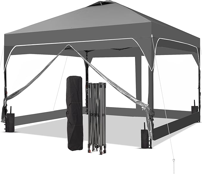 GDY 10x10 FT Pop Up Canopy Tent with One Push SetupSetup Gazebo with 4 PVC Transparent SidewallsEasy Carry for Events Parties Camping Gray