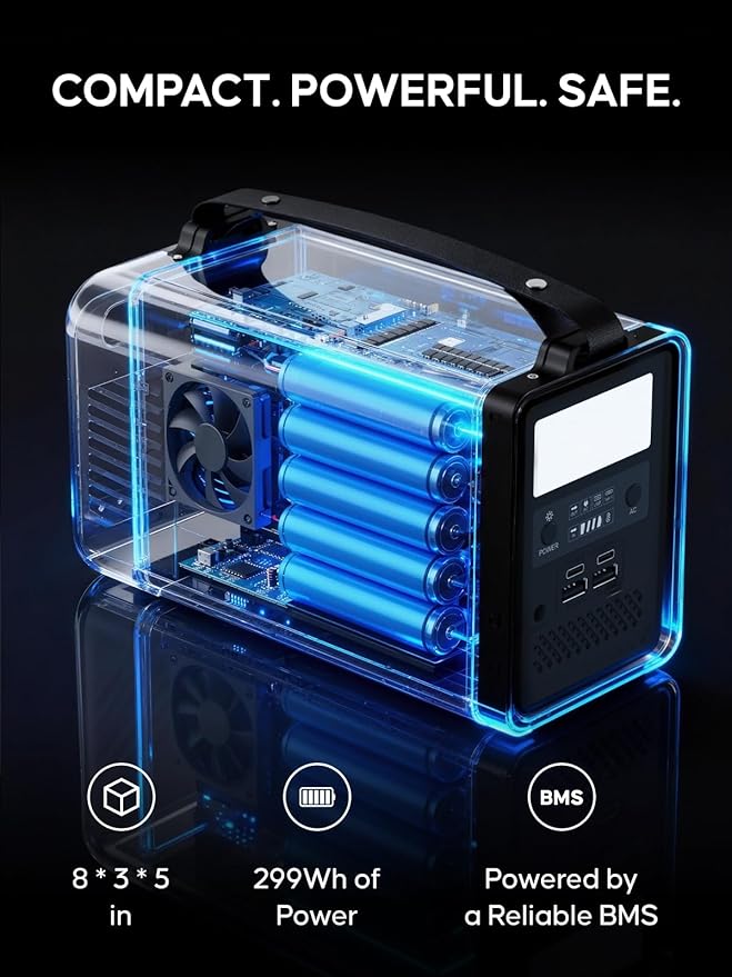 Portable Power Station 300W 299Wh Solar Generator with 4.38lbs Ultralight Design Pure Sine Wave AC Outlet Backup Lithium Battery for CPAP Camping RV Home Emergency