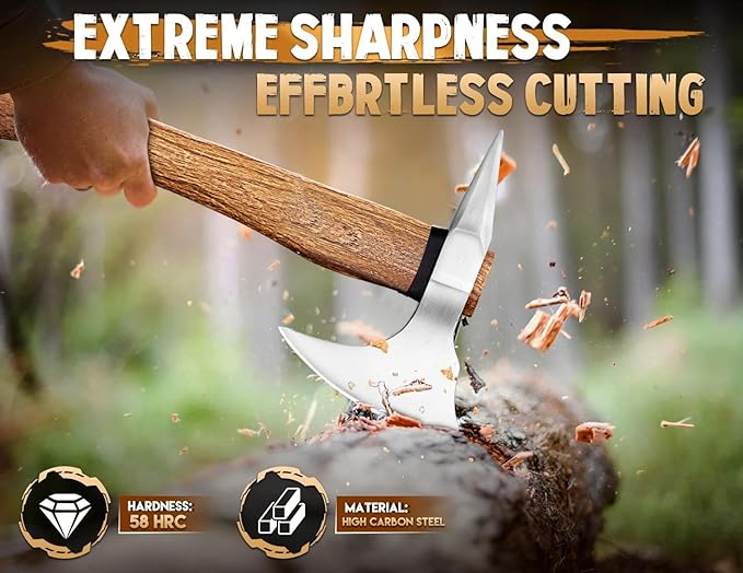 Grumpy Bear 15 Survival Axe Camping Hatchet – Forged High Carbon Steel Blade with Walnut Wood Handle – Anti-Slip Grip – Ideal for Bushcraft Wood Splitting &amp Outdoor Adventures Silver Wood