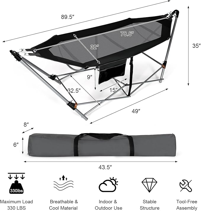 Portable Folding Hammock w/Side Pocket Lounge Camping Bed w/Metal Stand &amp Anti-tip Buckles Outdoor Camping Hammock with Carrying Bag for Patio Garden Yard Easy Assembly (Black)
