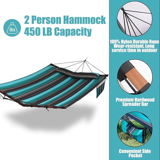 TegerDeger 12FT 2 Person Hammock Large Hammock 450LB Capacity with V Shaped Hardwood Spreader Bar &amp Nylon Rope for Outside Patio Garden Backyard Beach Poolside - Teal Stripes