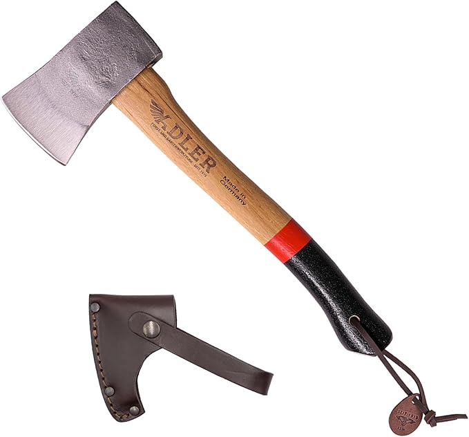 Adler Yankee Hatchet – German Forged Camping Hiking Hatchet w/ 15 Anti-Slip Hickory Handle 1-1/2 lb Head w/Leather Sheath &amp Storage Bag Compact Bushcraft Axe for Firewood Kindling Carving (A