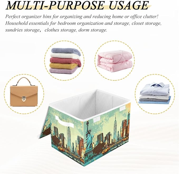 Storage Cube with Lid New York Painting Print 16.5×12.6×11.8 IN Collapsible Large Capacity Foldable Storage Basket Bin Organizer