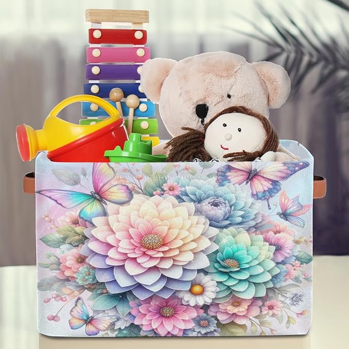 Pardick Basket Storage Bins Rainbow Flower Floral Rectangle Cube Basket Box Kids Girls Boys Toys Organizer Beaket Decor Foldable with Handle for Living Room Bedroom Closet Nursery Office Shelf Gifts