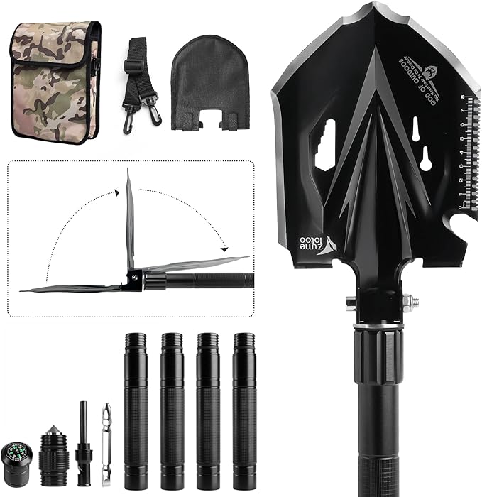 Zune Lotoo Tactical Shovel Survival Tool 18 in 1 Small Camping Shovel Folding Multitool Compact Entrenching Tool Heavy Duty for Hiking Backpack Emergency Spade Lightweight Car Truck Gift Survivalist