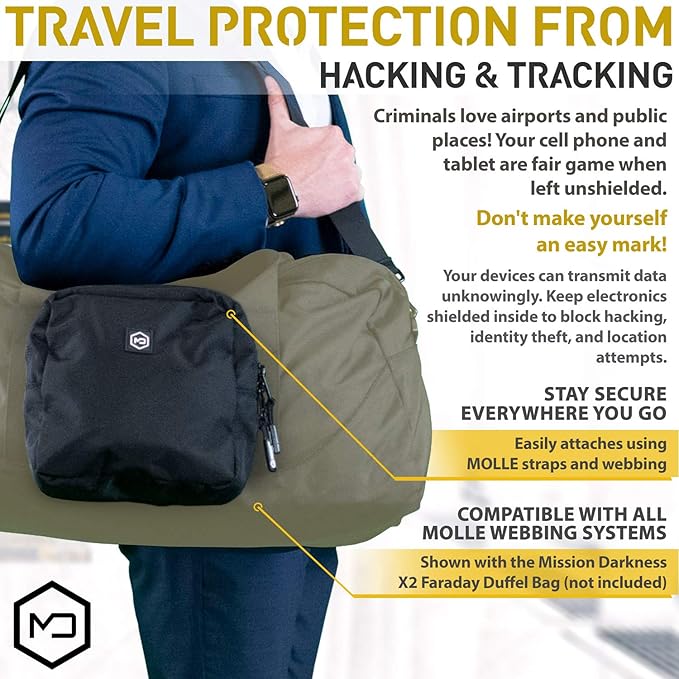 Mission Darkness MOLLE Faraday Pouch // Military-Grade Bag with RF Signal Blocking Liner Attaches to MOLLE Webbing Systems // Anti-Hacking &amp Tracking Assurance Data Privacy for Handheld Devices